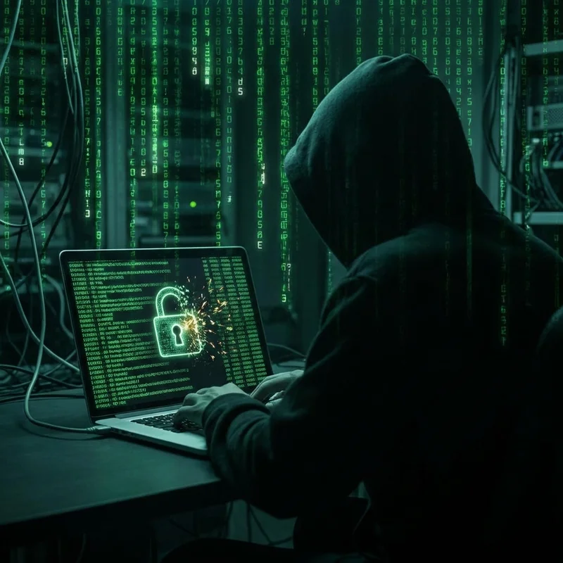 Hacker performing brute-force attack with Matrix-style code rain