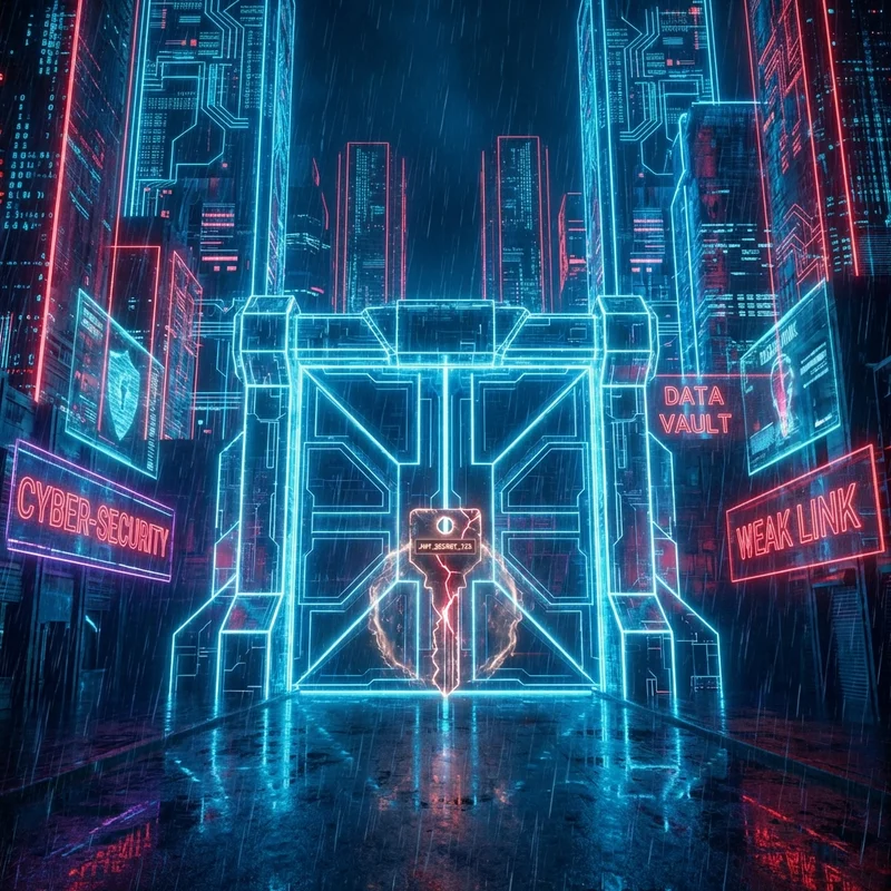 A cyberpunk digital fortress with a fragile key at its main gate