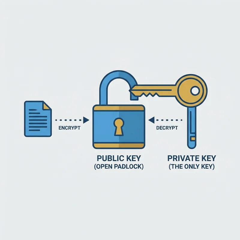 A conceptual diagram showing a public key as an open padlock and a private key as the only key that can open it