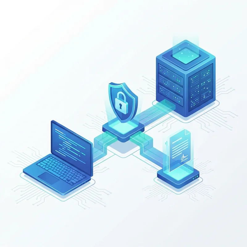 An isometric illustration connecting a user's laptop to a server, a lock icon for HTTPS, and a signed document